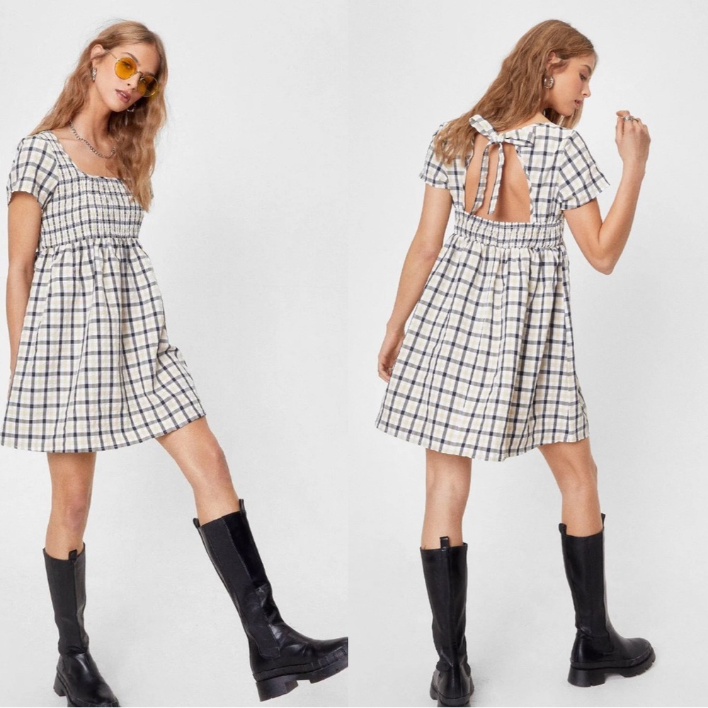 Nasty Gal Check Print Tie Square Neck Mini Smock Dress Natural
